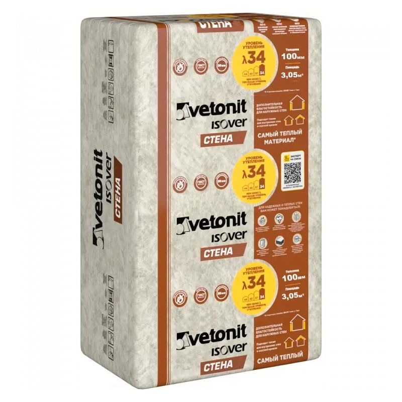 Утеплитель Vetonit (Изовер) Тепло и Тихо Стена плита 100 мм 5000х1220 мм минеральный (стекловолокно)
