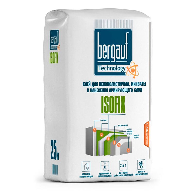 Клей для ППС, минеральной ваты и армирующего слоя BERGAUF Isofix Зима 25 кг