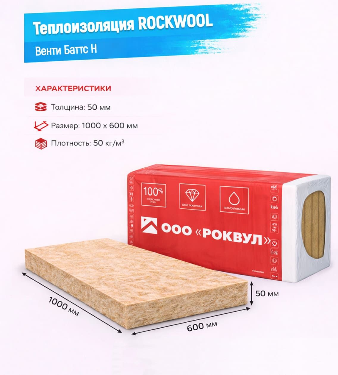 Утеплитель Rockwool Венти Баттс Н базальтовая плита 1000х600х100мм