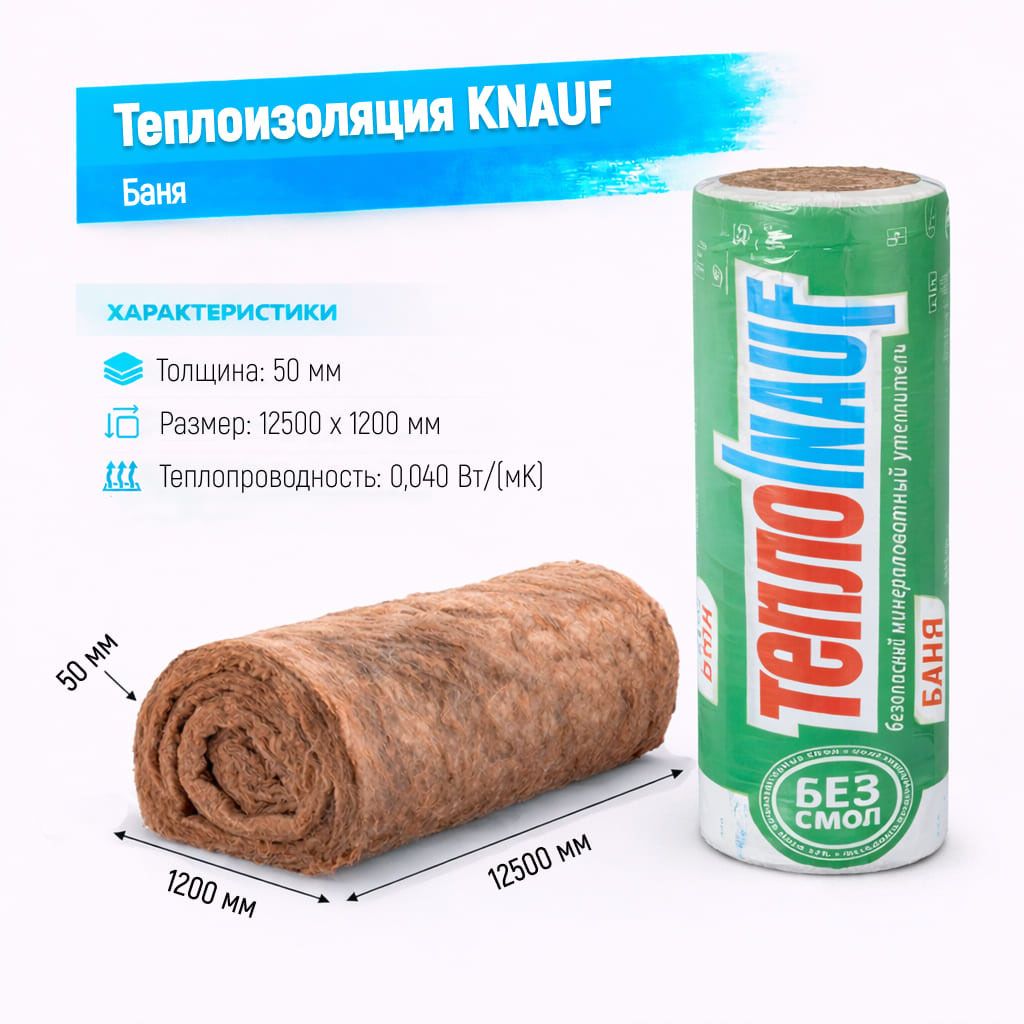 Утеплитель Knauf Баня стекловолоконный рулон 12500х1200х50мм