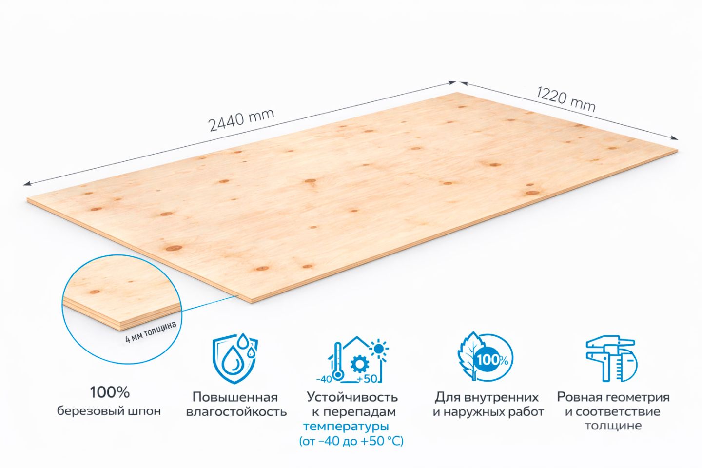 Фанера ФСФ 4мм 2440х1220 мм сорт 2/3 шлифованная Ш2 березовая влагостойкая