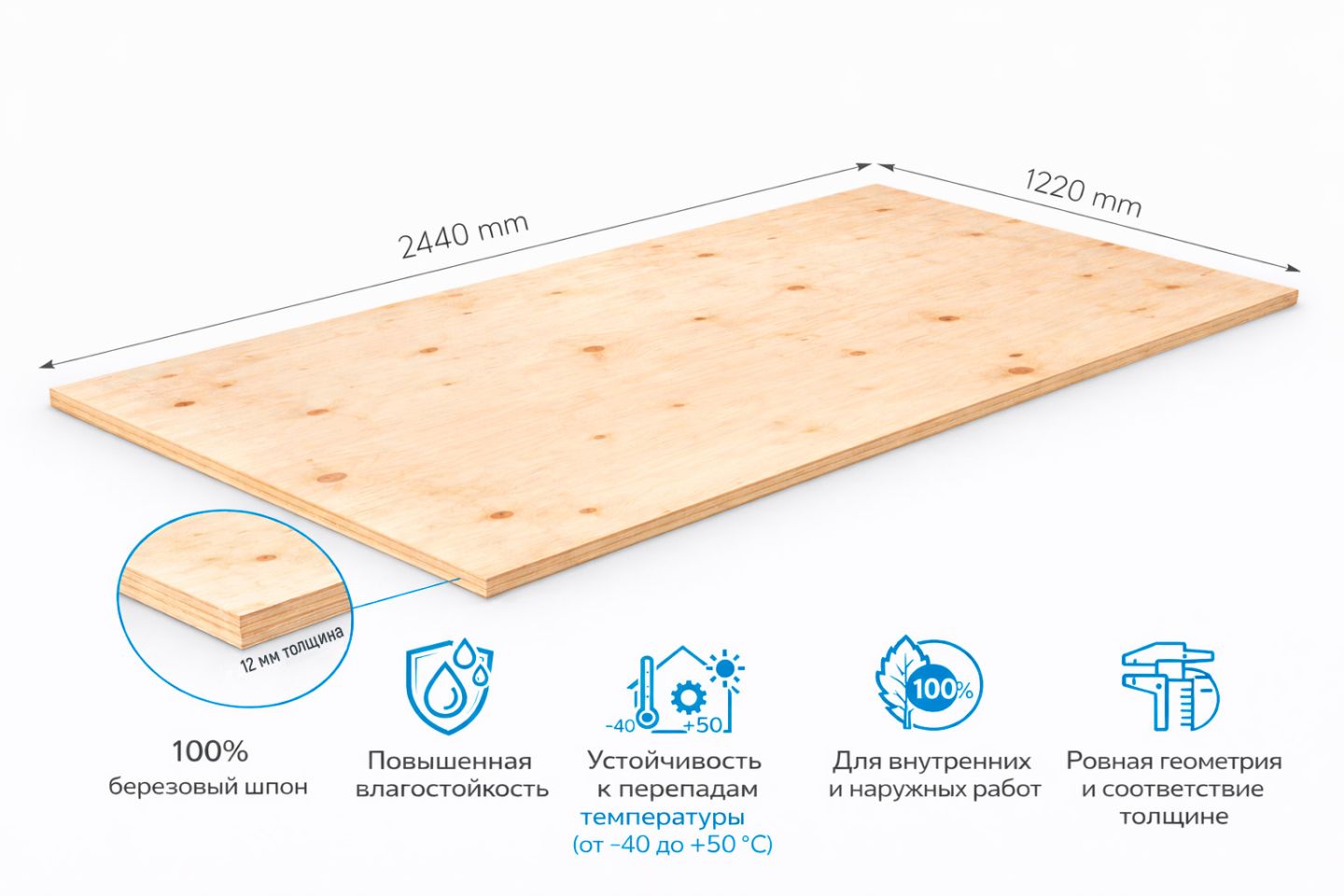 Фанера ФСФ 12мм 2440х1220 мм сорт 2/3 шлифованная Ш2 березовая влагостойкая