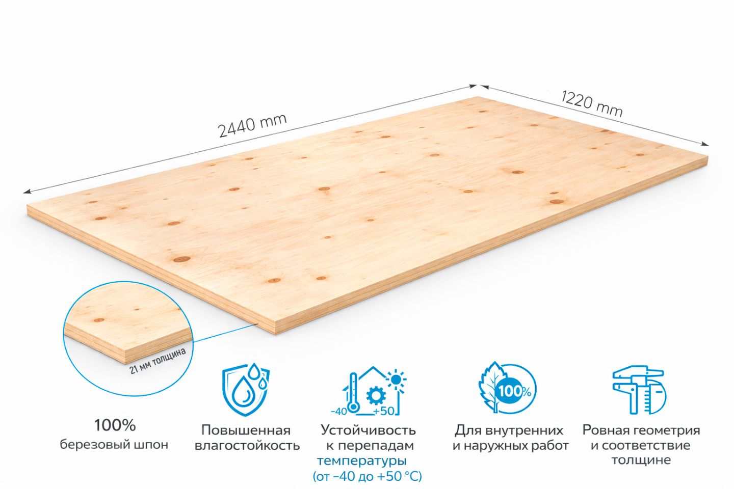 Фанера ФСФ 21мм 2440х1220 мм сорт 2/3 шлифованная Ш2 березовая влагостойкая