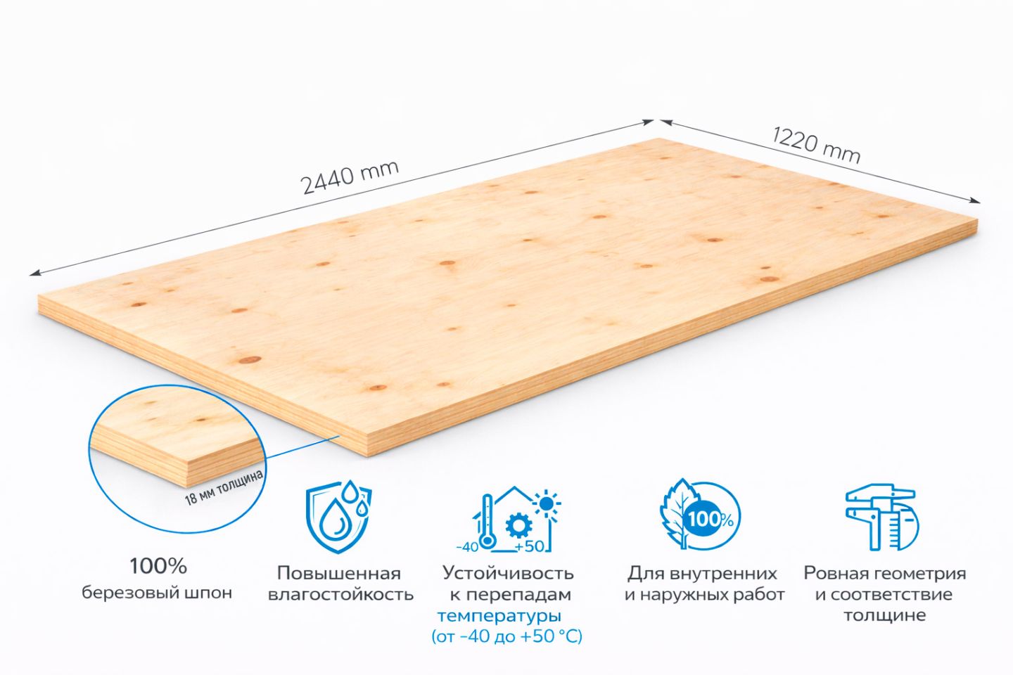 Фанера ФСФ 18мм 2440х1220 мм сорт 1/2 шлифованная Ш2 березовая влагостойкая