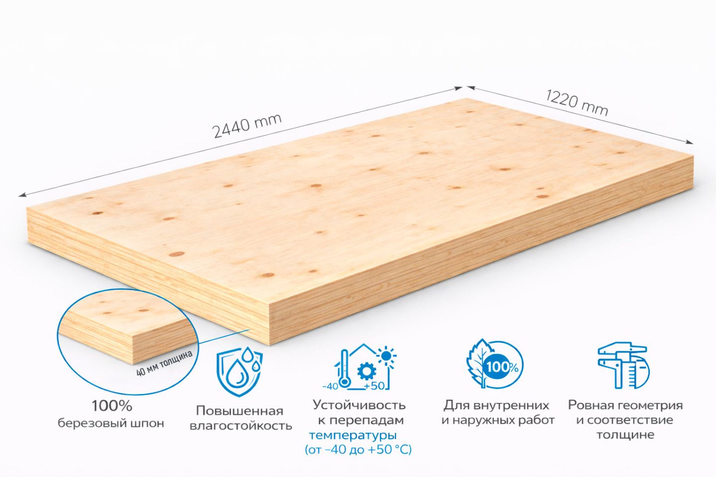 Фанера ФСФ 40мм 2440х1220 мм сорт 2/2 шлифованная Ш2 березовая влагостойкая