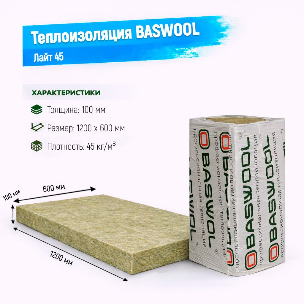 Утеплитель BASWOOL Лайт 45 базальтовая плита 1200х600х100мм