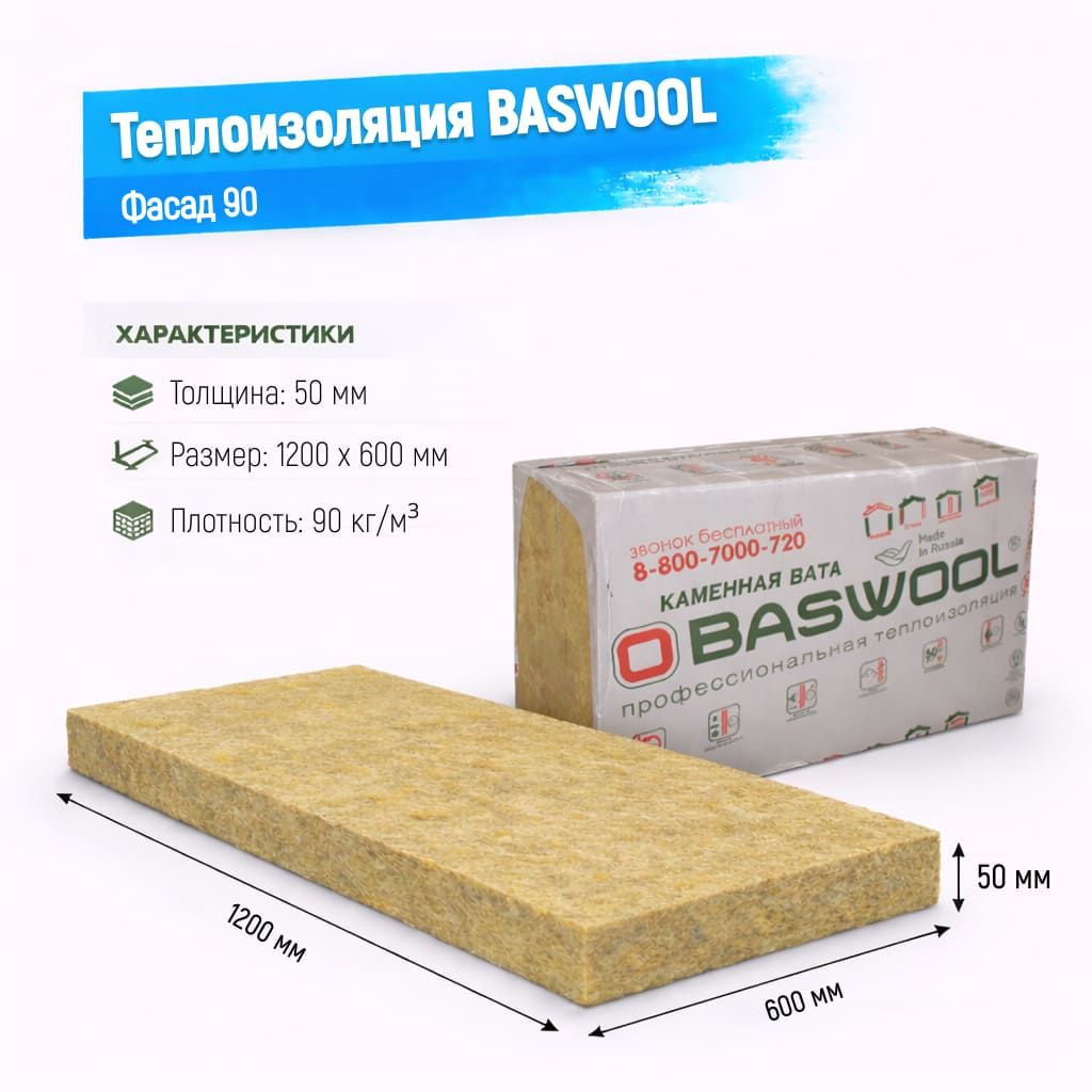 Утеплитель BASWOOL Фасад 90 базальтовая плита 1200х600х50мм