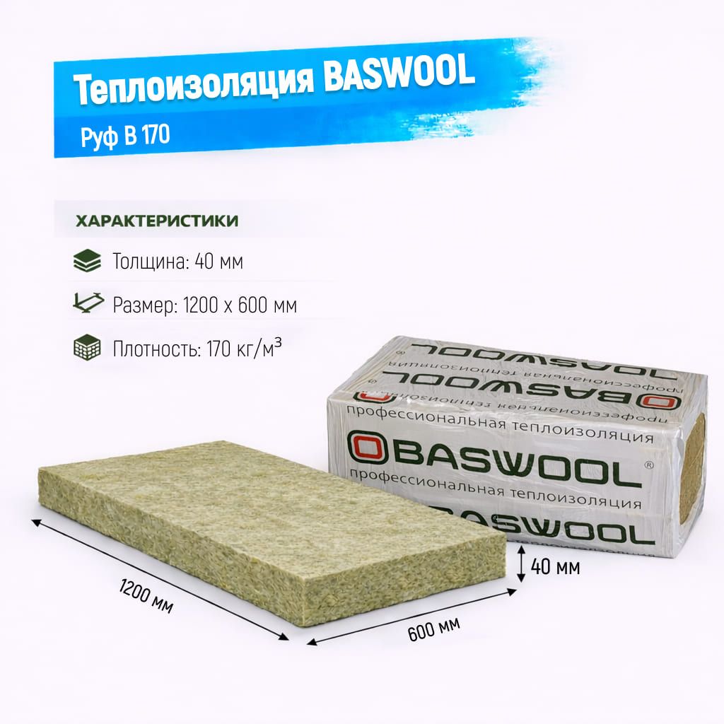 Утеплитель BASWOOL Руф В 170 базальтовая плита 1200х600х40мм