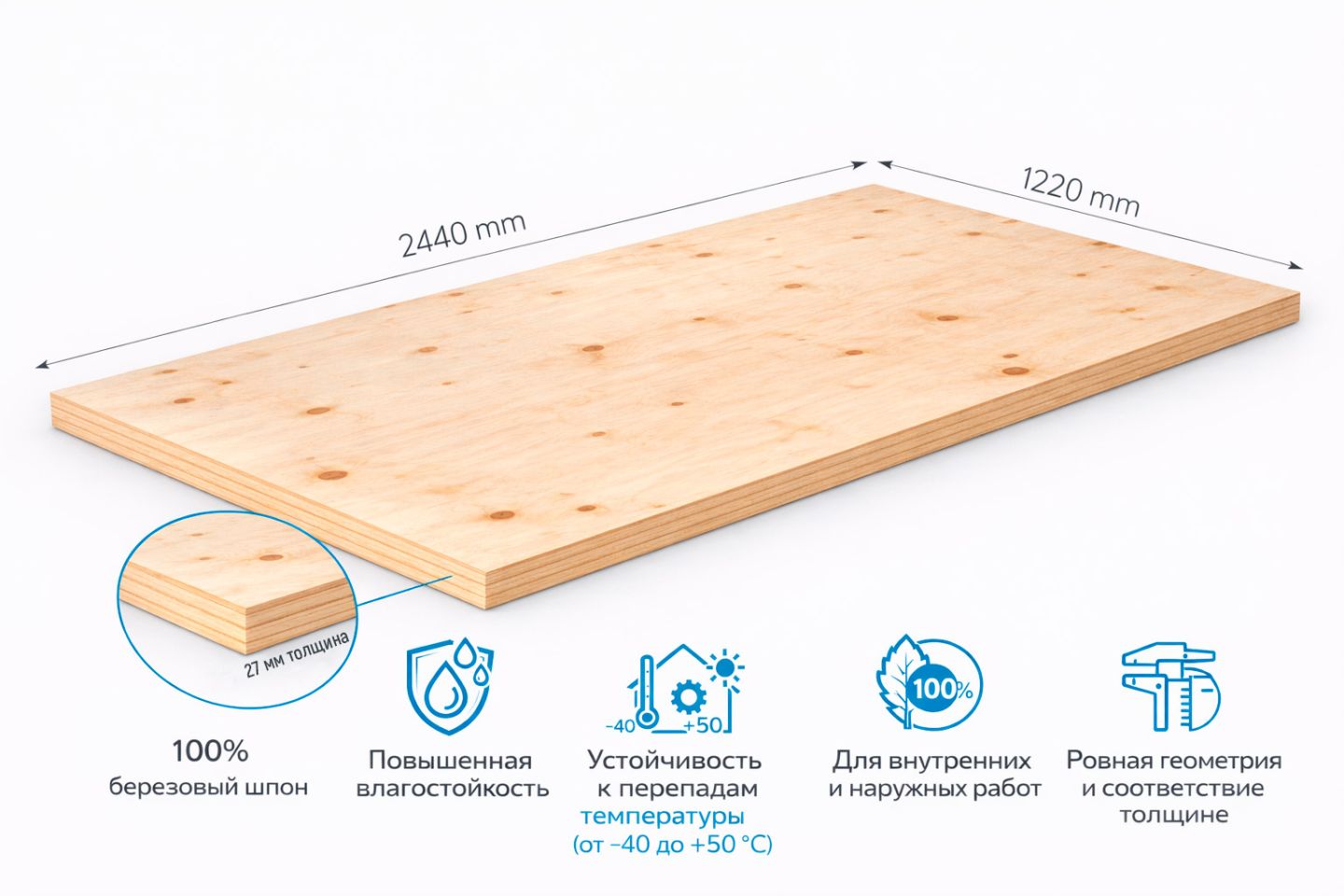 Фанера ФСФ 27мм 2440х1220 мм сорт 3/4 шлифованная Ш1 березовая влагостойкая