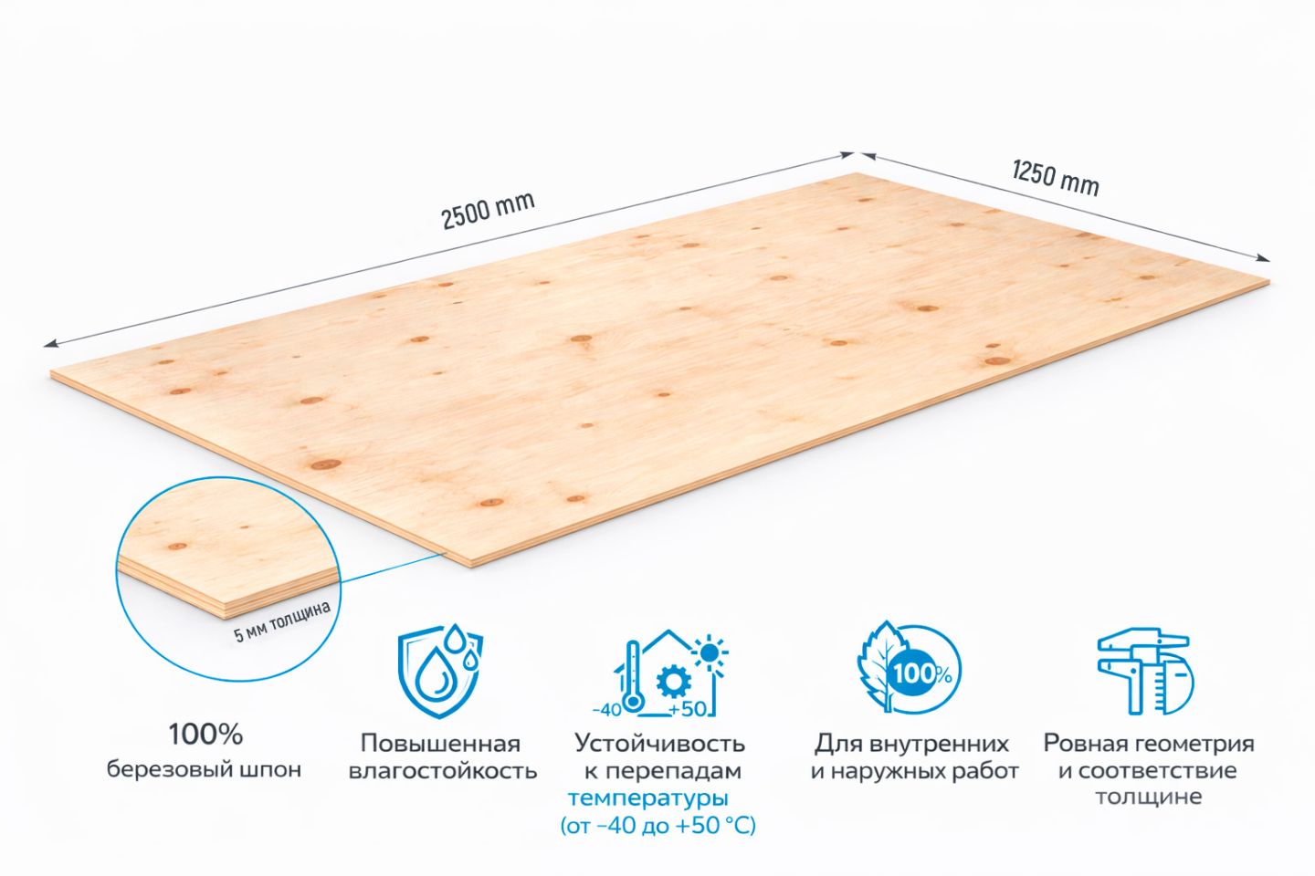 Фанера ФСФ 5мм 2500х1250 мм сорт TS нешлифованная березовая влагостойкая