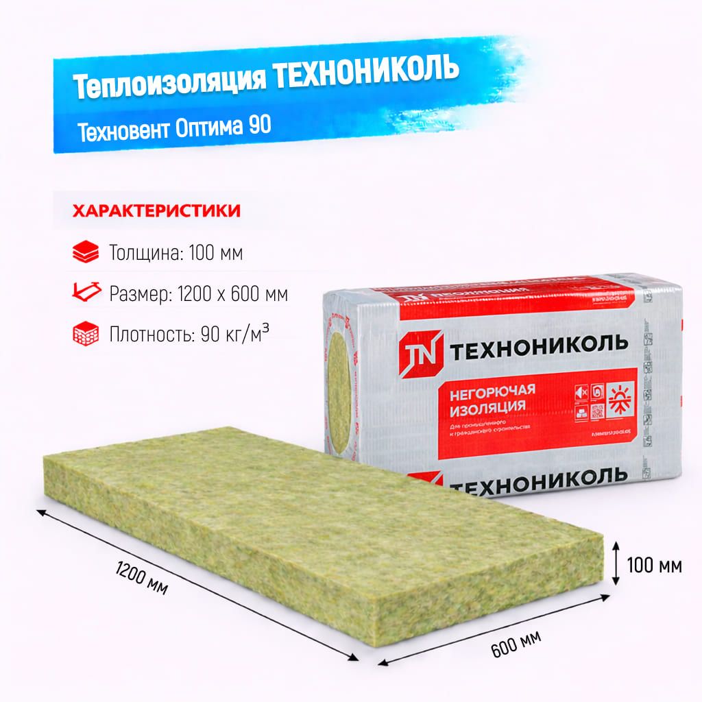 Утеплитель ТехноНИКОЛЬ Техновент Оптима плита 90 100 мм 1200х600 мм минеральный (базальтовый)