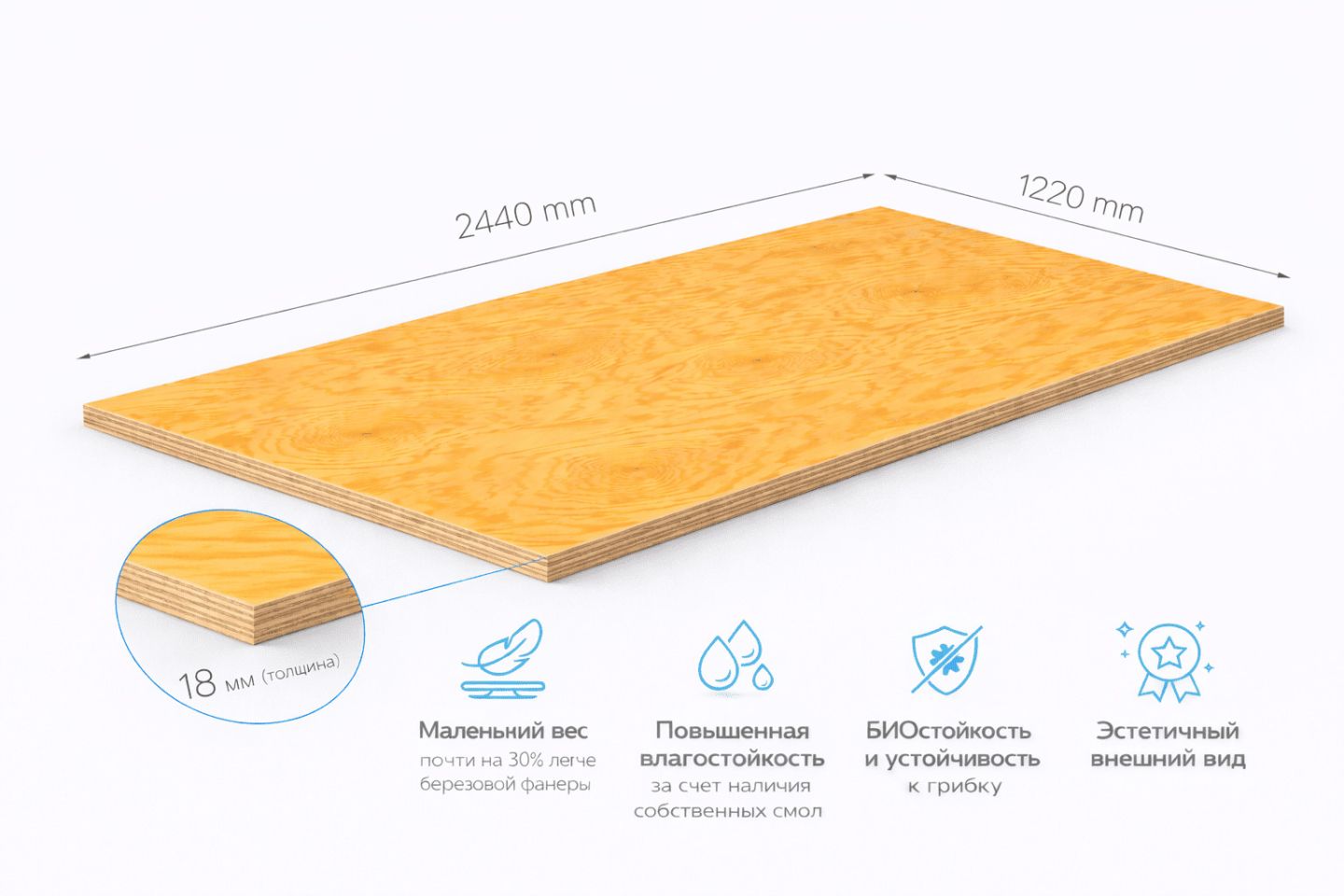 Фанера ФСФ 18мм 2440х1220 мм сорт 1/3 шлифованная хвойная влагостойкая  Лиственница