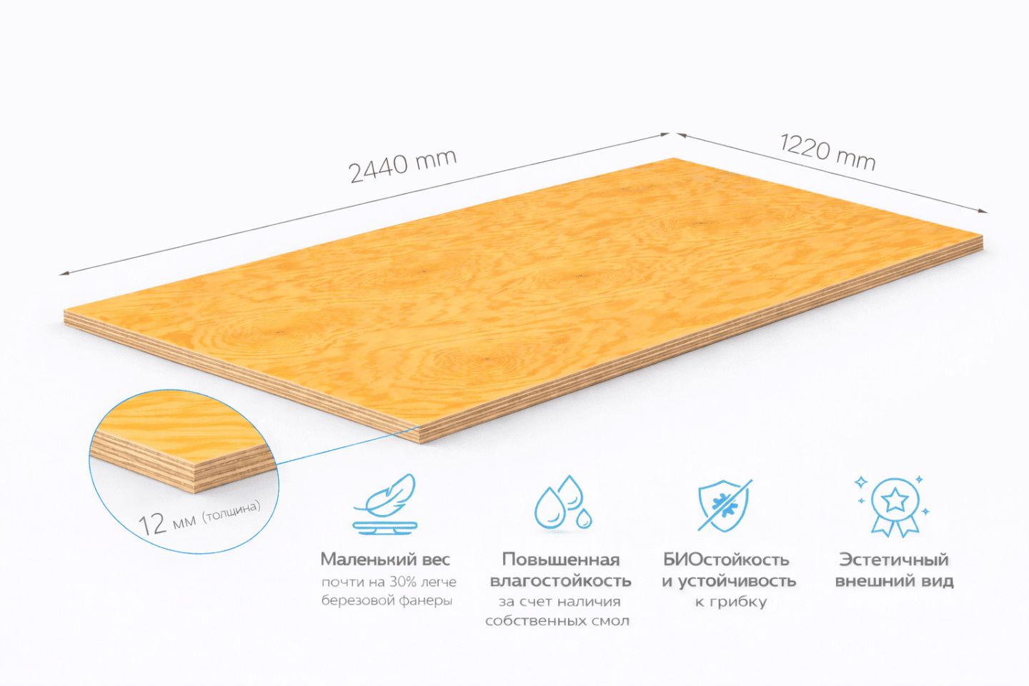 Фанера ФСФ 12мм 2440х1220 мм сорт 1/2 шлифованная хвойная влагостойкая  Лиственница