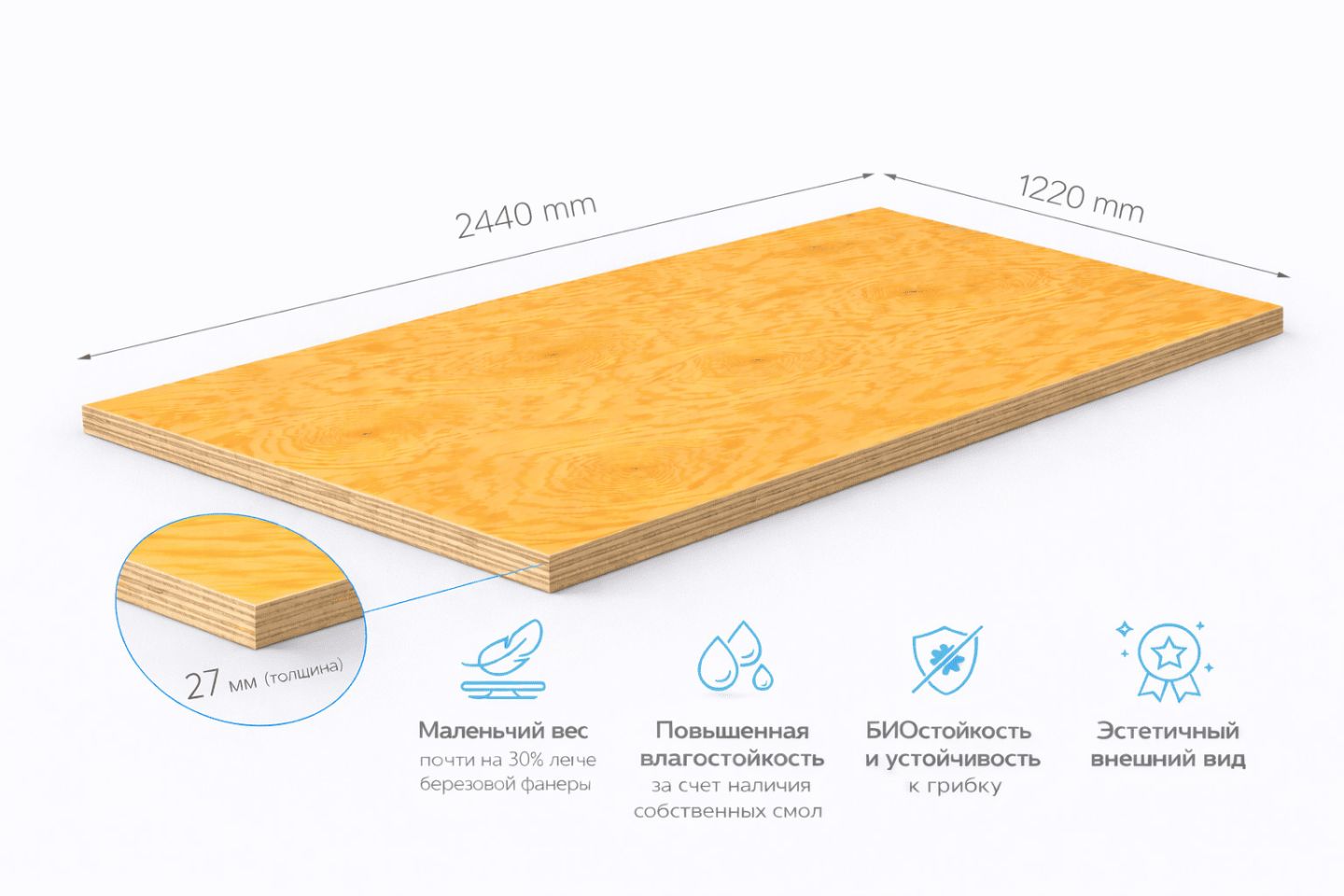 Фанера ФСФ 27 мм 2440х1220 мм сорт 1/2 шлифованная хвойная влагостойкая Larch Лиственница