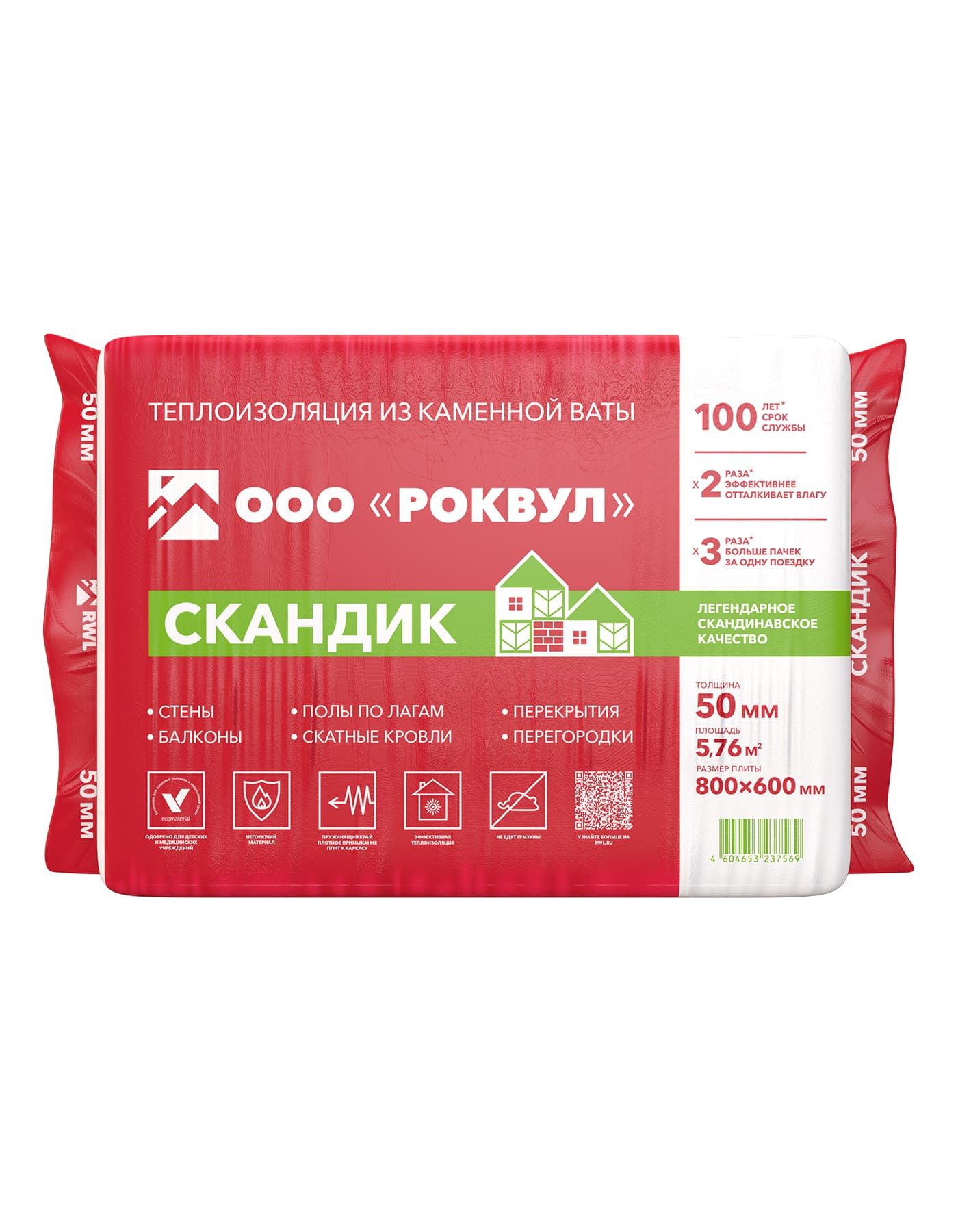 Утеплитель Rockwool Лайт Баттс Скандик базальтовая плита 800х600х100мм