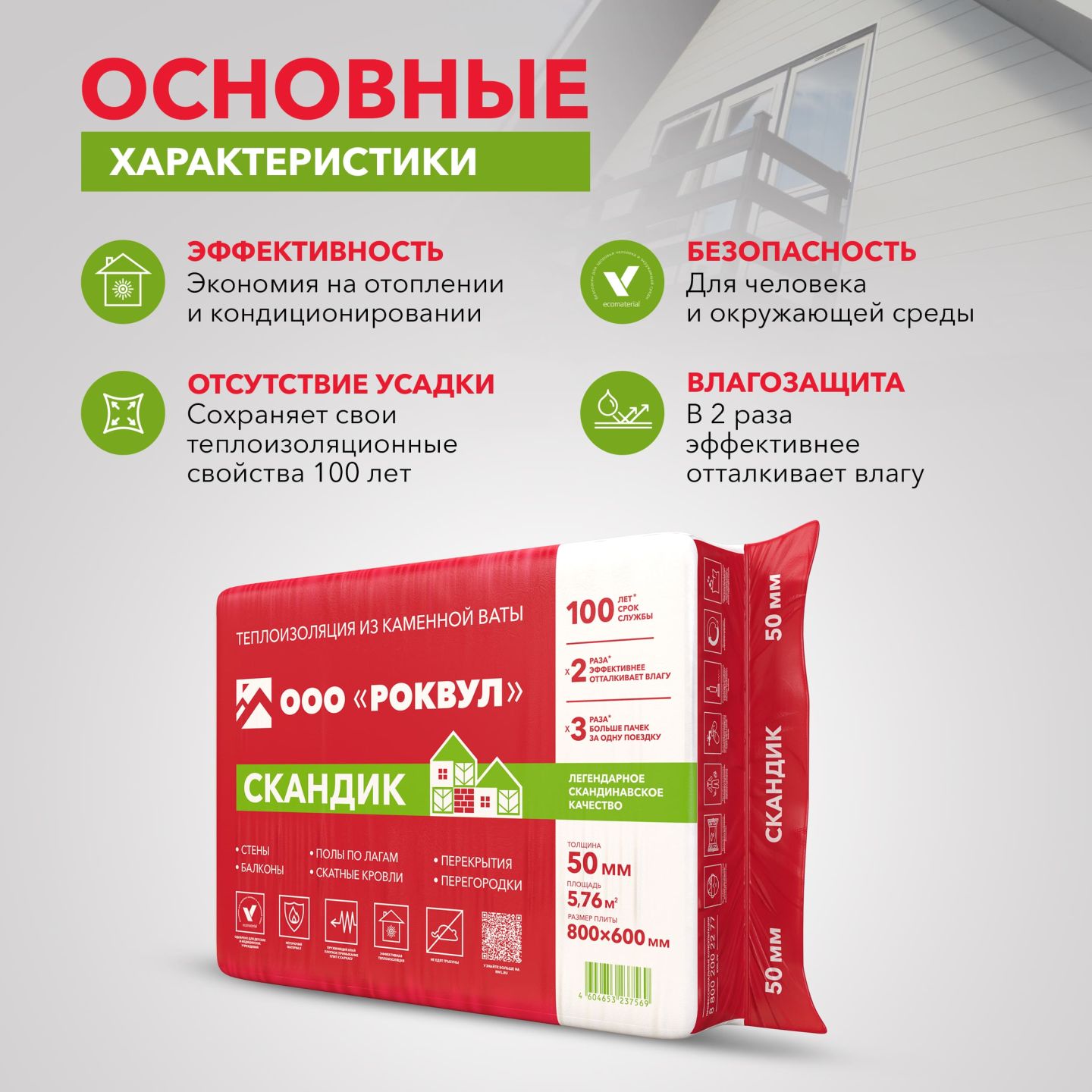 Утеплитель Rockwool Лайт Баттс Скандик базальтовая плита 800х600х100мм