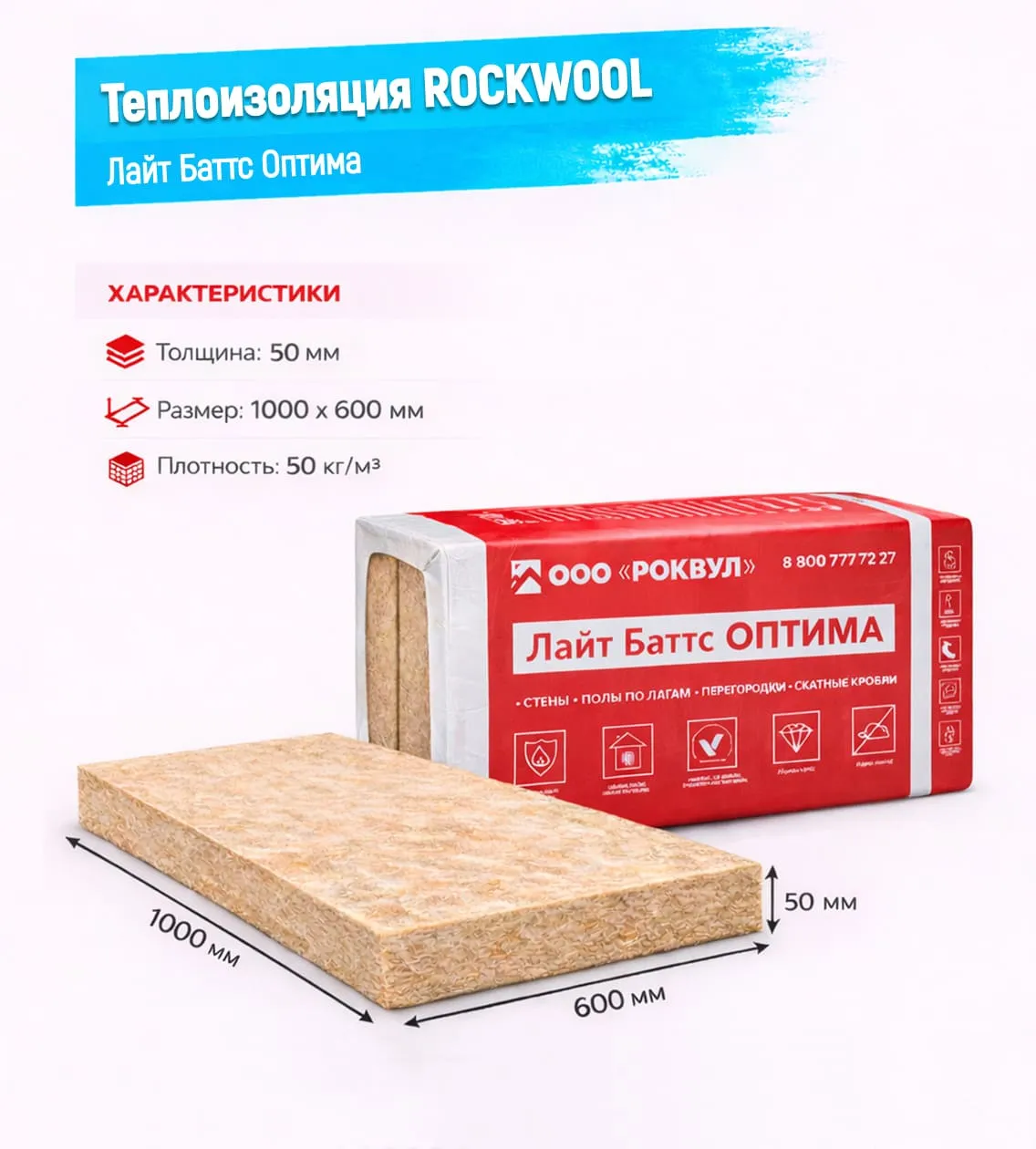 Утеплитель Rockwool Лайт Баттс Оптима базальтовая плита 1000х600х50мм