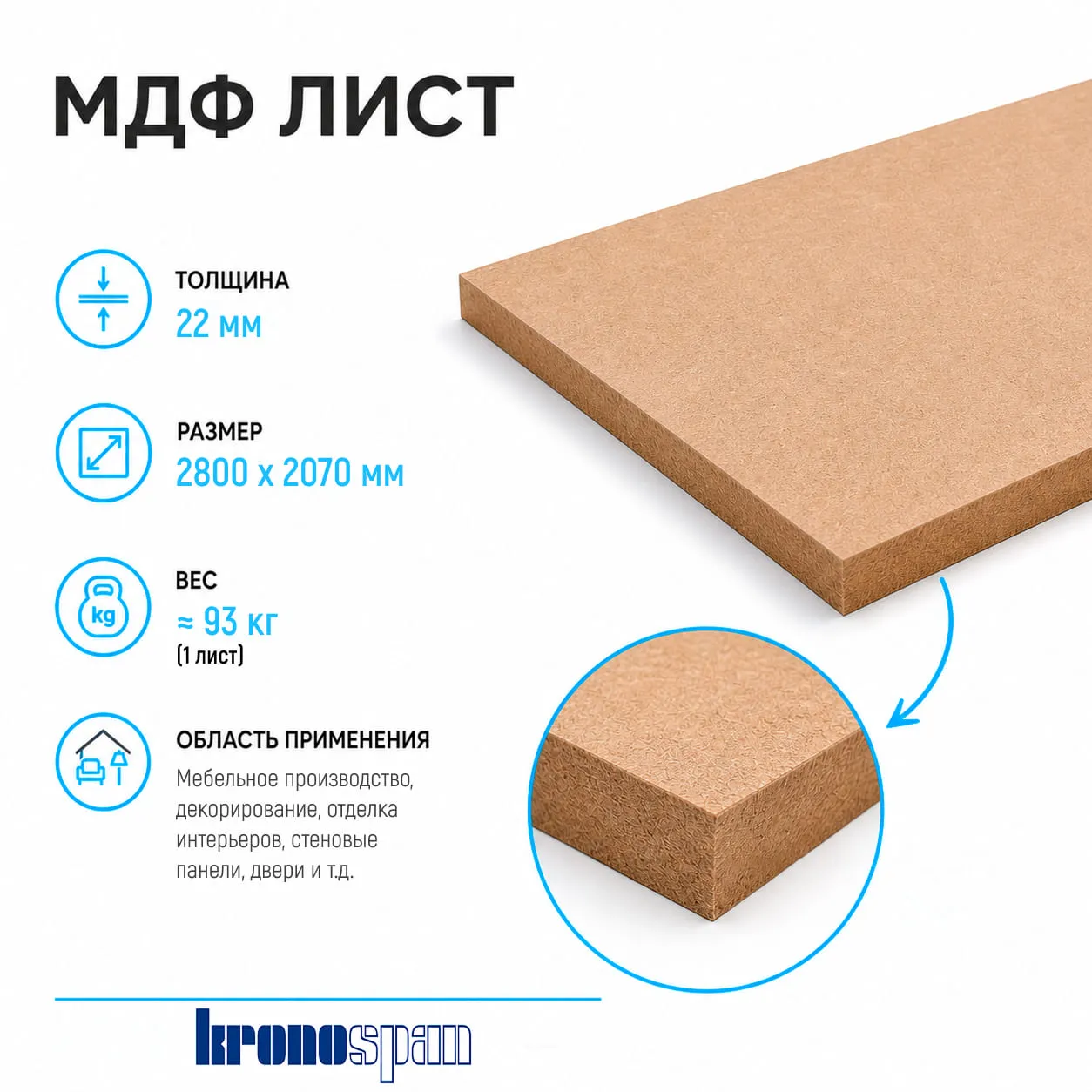 Плита МДФ Kronospan шлифованная 22мм 2800х2070 мм 1 сорт Kronospan