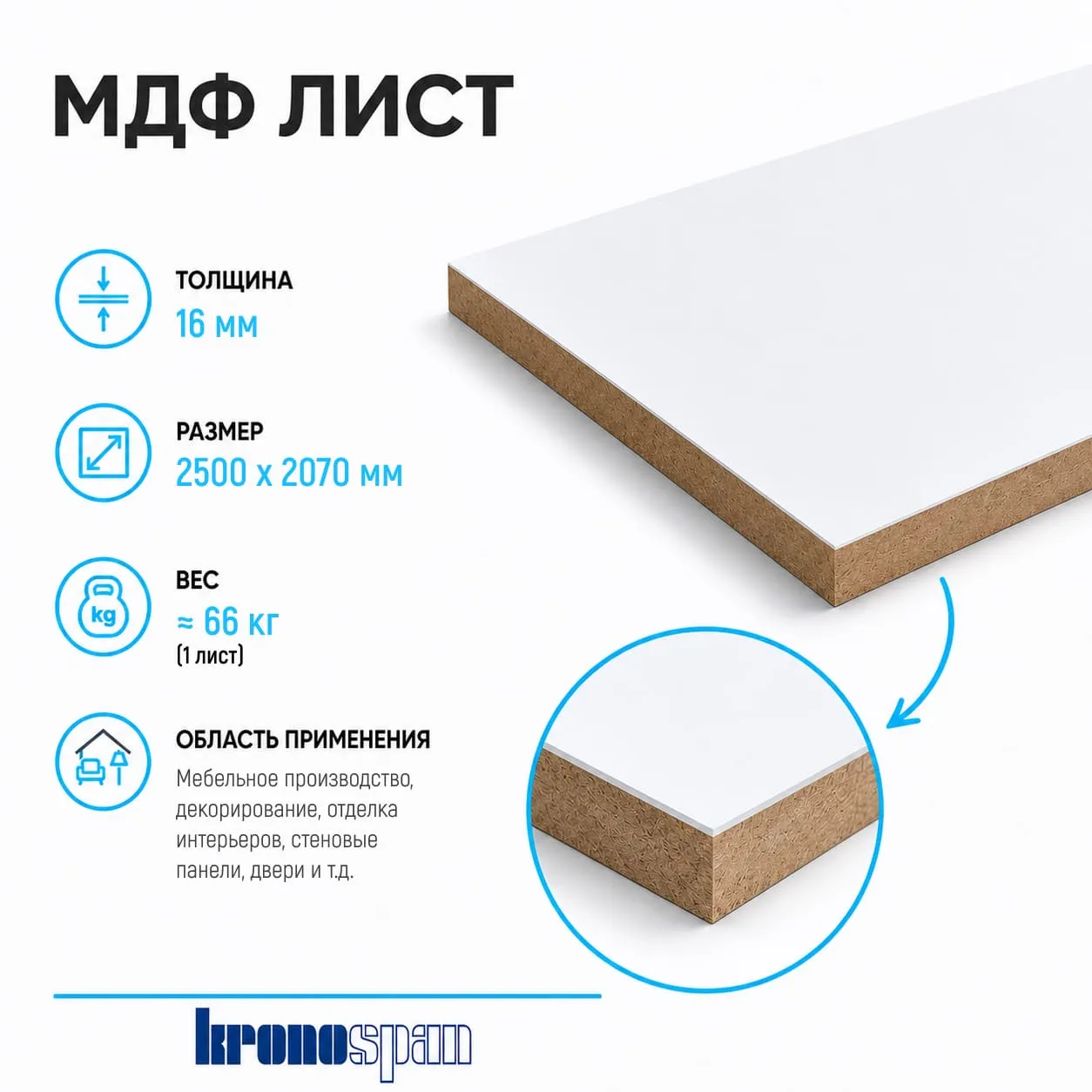 Плита МДФ Kronospan ламинированная 16мм 2500х2070 мм 1 сорт Kronospan