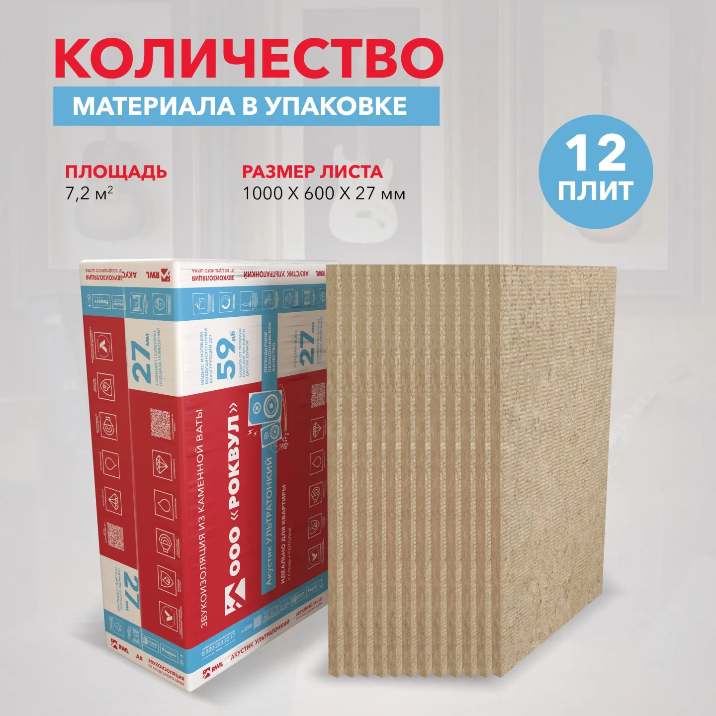 Утеплитель Rockwool Акустик Ультра тонкий базальтовая плита 1000х600х27мм