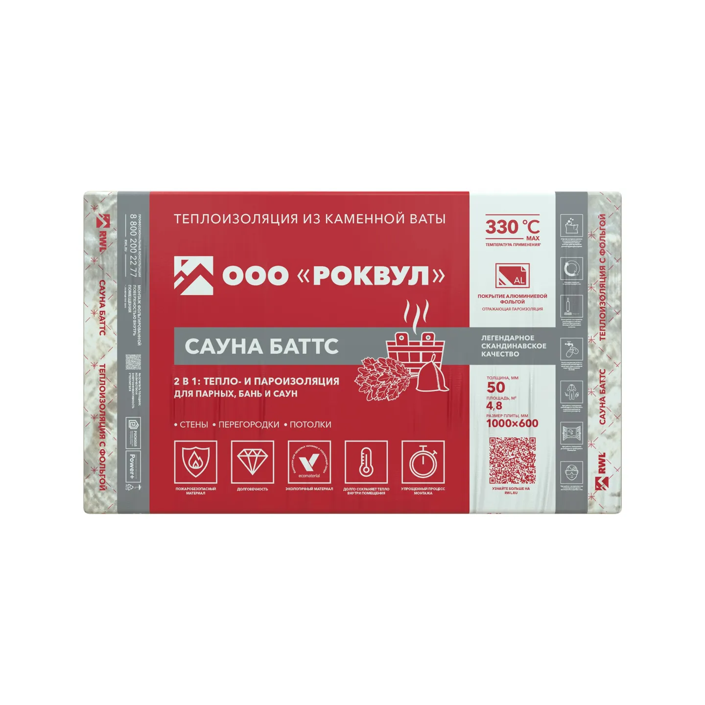 Утеплитель Rockwool САУНА Баттс базальтовая плита 1000х600х50мм