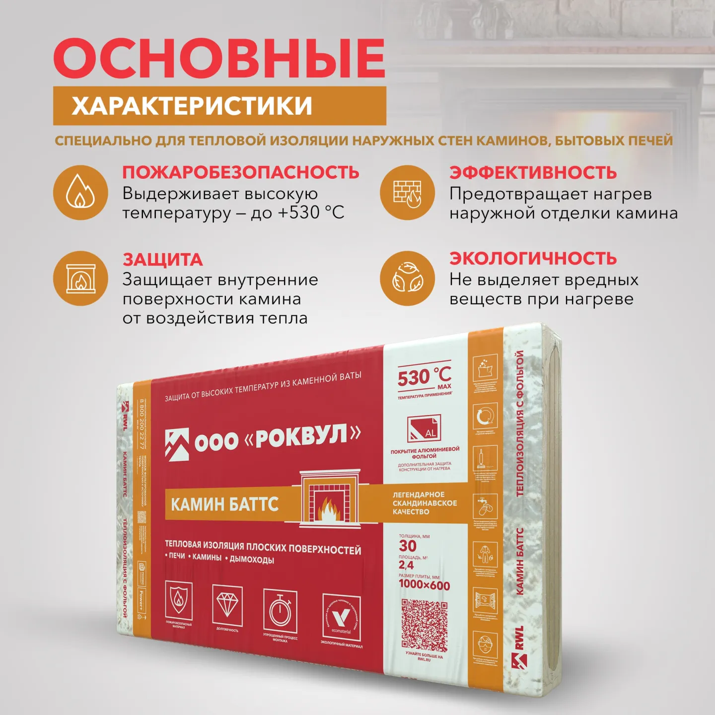 Утеплитель Rockwool КАМИН Баттс базальтовая плита 1000х600х30мм