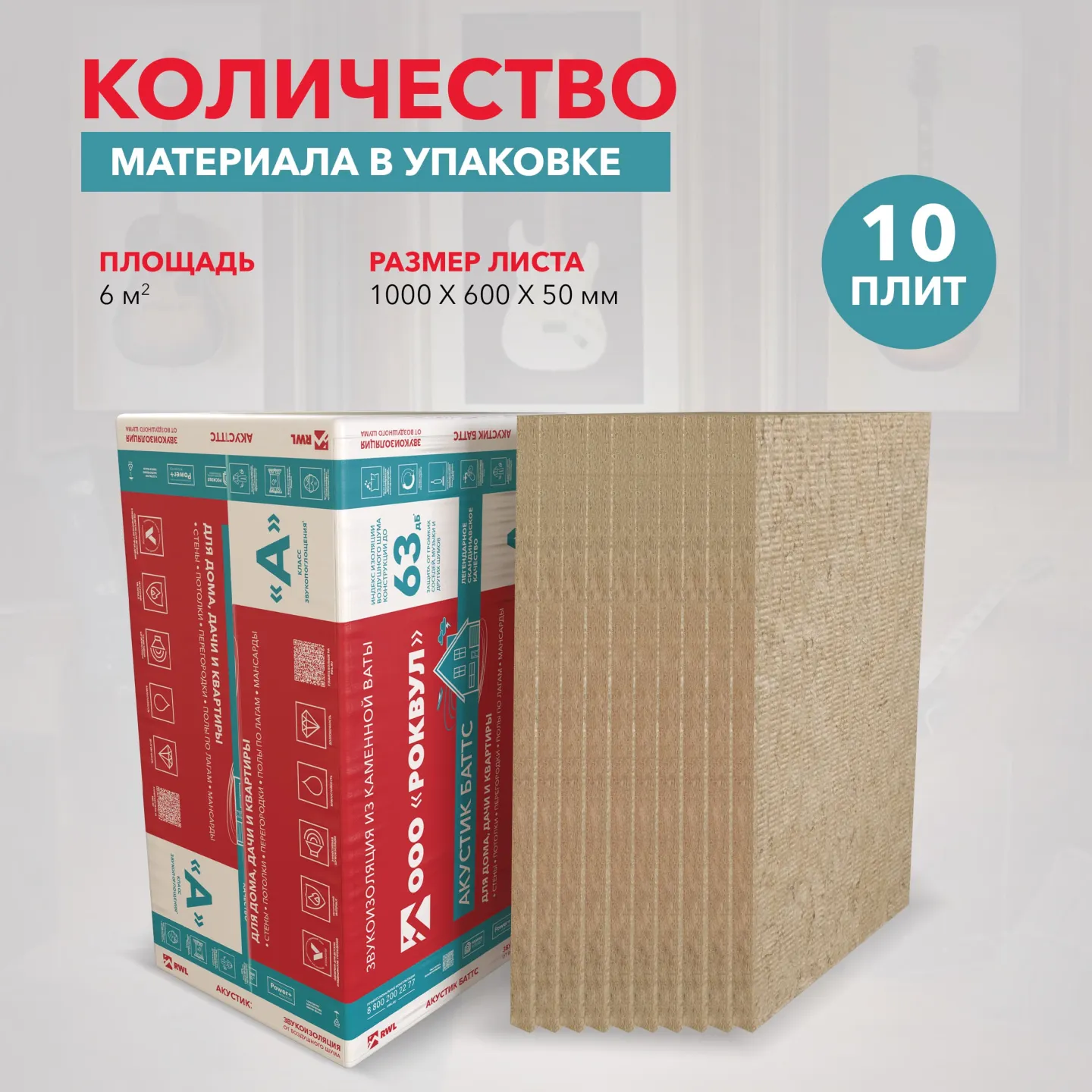 Утеплитель Rockwool Акустик Баттс базальтовая плита 1000х600х50мм